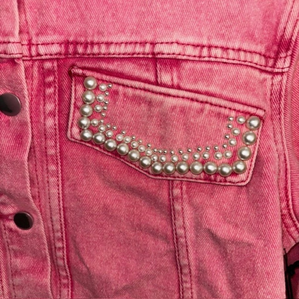 Savanna Jane Pink Acid Wash Pearl Embellished Denim Jacket Western Cropped Small - Picture 7 of 10